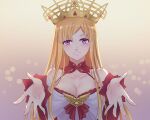  1girl bare_shoulders blush breasts cleavage collarbone crown detached_collar elsa_(g557744) europa_(fate) fate/grand_order fate_(series) frilled_sleeves frills large_breasts long_hair looking_at_viewer purple_eyes sidelocks smile solo upper_body 