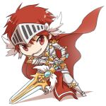  1boy armor armored_boots bangs boots breastplate cape chainmail chibi cigarette commentary_request cross full_body gauntlets grin hair_between_eyes head_wings holding holding_sword holding_weapon leg_armor looking_at_viewer male_focus natsuya_(kuttuki) pauldrons ragnarok_online red_cape red_eyes red_hair rune_knight_(ragnarok_online) short_hair shoulder_armor simple_background smile solo spiked_pauldrons sword tabard visor_(armor) weapon white_background white_wings wings 