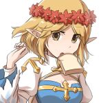  1girl arch_bishop_(ragnarok_online) bangs blonde_hair blue_dress breasts brown_eyes cleavage cleavage_cutout clothing_cutout commentary_request cross dress eyebrows_visible_through_hair flower food food_in_mouth head_wreath juliet_sleeves long_sleeves looking_at_viewer medium_breasts mouth_hold natsuya_(kuttuki) open_mouth pointy_ears puffy_sleeves ragnarok_online red_flower short_hair simple_background solo toast toast_in_mouth two-tone_dress upper_body white_background white_dress 