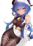  :3 arm_support bad_id bad_twitter_id bangs bare_shoulders bell black_legwear blue_hair blush bodystocking bodysuit breasts collarbone detached_sleeves eyebrows_visible_through_hair ganyu_(genshin_impact) genshin_impact gold_trim horns leotard leotard_under_clothes long_hair looking_at_viewer medium_breasts meow_nyang neck_bell purple_eyes sidelocks sitting solo thigh_gap thighlet white_background white_sleeves 