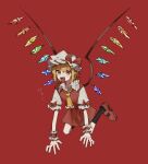  1girl :d absurdres alternate_hairstyle ascot bangs black_legwear blonde_hair blunt_bangs bow commentary crystal fangs fingernails flandre_scarlet flying frilled_shirt_collar frilled_sleeves frills full_body hat hat_ribbon highres looking_at_viewer mob_cap pointy_ears puffy_short_sleeves puffy_sleeves red_background red_bow red_eyes red_footwear red_ribbon red_skirt red_vest ribbon section_(prrx8584) shirt short_hair short_sleeves simple_background skirt smile solo touhou translated vest white_headwear white_shirt wings yellow_neckwear 