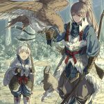  2boys :d animal arm_at_side armor arrow_(projectile) bangs bird blue_shirt bow_(weapon) bunny bush clenched_hands closed_mouth falconry father_and_son faulds feathers fire_emblem fire_emblem_fates fur fur_(clothing) gloves grass grey_hair hair_between_eyes hair_ribbon harusame_(rueken) hawk high_collar high_ponytail holding holding_bow_(weapon) holding_weapon japanese_armor japanese_clothes kiragi_(fire_emblem) long_hair long_sleeves looking_at_animal male_focus multiple_boys nature open_mouth orange_eyes out_of_frame outdoors pants ponytail quiver red_ribbon ribbon sash shin_guards shiny shiny_hair shirt short_hair sidelocks silver_trim smile standing takumi_(fire_emblem) tassel teeth tied_hair tree tsurime vambraces weapon wide-eyed yumi_(bow) 