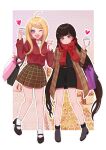  :d akamatsu_kaede alternate_costume arironpawa bag bangs black_footwear black_skirt blonde_hair blunt_bangs bow breasts brown_hair brown_jacket danganronpa_(series) danganronpa_v3:_killing_harmony hair_ornament hairclip hand_up harukawa_maki heart high_heels highres holding holding_hands jacket large_breasts long_hair one_eye_closed outline pencil_skirt pink_background pink_eyes plaid plaid_jacket red_bow red_eyes red_scarf red_scrunchie red_sweater scarf scrunchie shiny shiny_hair shoes skirt smile socks sweater symbol-only_commentary twintails very_long_hair white_background white_legwear white_outline 