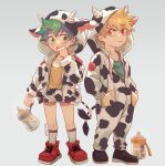  2boys age_regression animal_ears animal_print bakugou_katsuki bare_legs blonde_hair boku_no_hero_academia child cow_print cow_tail green_eyes green_hair green_shirt looking_at_viewer male_focus midoriya_izuku milmil_(wa_ten&#039;nendesu) multiple_boys open_mouth red_eyes red_footwear shirt shorts simple_background tail younger 