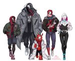  1girl 4boys adapted_costume backpack bag bodysuit bodysuit_under_clothes candy commentary cup disposable_cup eating english_commentary food full_body gwen_stacy hands_in_pocket headphones headphones_around_neck highres hood hoodie in-hyuk_lee jacket lollipop long_tongue marvel mask miles_morales monster_boy mouth_mask multiple_boys peter_parker pizza_box pizza_slice scarf sharp_teeth shoes simple_background sneakers snout spider-gwen spider-ham spider-man spider-man_(miles_morales) spider-man_(series) symbiote teeth thigh_gap tongue venom_(marvel) walking white_background 