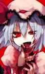  1girl bangs black_nails blood commentary_request eyebrows_visible_through_hair fangs fua_yuu guro hair_between_eyes hat highres looking_at_viewer mob_cap nail_polish open_mouth red_background red_eyes remilia_scarlet simple_background solo tongue tongue_out touhou upper_body 