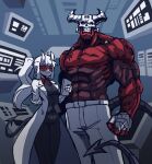  1boy 1girl abs barcode barcode_tattoo belt belt_buckle breasts buckle demon_boy demon_girl demon_horns demon_tail forehead_tattoo formal glasses helltaker highres horns jamsubu labcoat long_hair looking_at_viewer loremaster_(helltaker) medium_breasts muscular muscular_male necktie pants ponytail red_eyes scar smile subject_67_(helltaker) suit tail tattoo teeth topless white_hair 