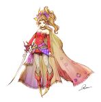  1girl absurdres bare_shoulders blonde_hair breasts cape closed_mouth detached_sleeves dress earrings final_fantasy final_fantasy_vi highres jewelry kurasuta long_hair pantyhose ponytail ribbon signature simple_background solo sword tina_branford weapon white_background 