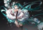  1girl absurdres bare_shoulders blue_eyes blue_hair breasts dress elbow_gloves feather_hair_ornament feathers flower gloves hair_between_eyes hair_flower hair_ornament hatsune_miku highres long_hair looking_at_viewer rumoon sleeveless small_breasts solo thighhighs twintails very_long_hair vocaloid water_drop 