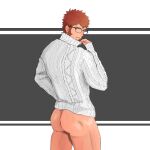  1boy absurdres aoshima93 ass back bara black-framed_eyewear blue_eyes bottomless brown_hair closed_mouth facial_hair fate/grand_order fate_(series) glasses goatee highres looking_back male_focus muscular muscular_male naked_shirt napoleon_bonaparte_(fate) shirt short_hair sideburns simple_background solo sweater thick_thighs thighs white_sweater 