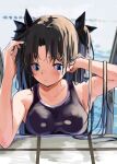  1girl armpits black_hair black_ribbon blue_eyes blush breasts fate/stay_night fate_(series) hair_ribbon hand_in_hair highres lamb_(hitsujiniku) long_hair medium_breasts pool pool_ladder ribbon school_swimsuit solo swimsuit tohsaka_rin two_side_up upper_body wet 