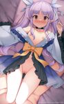  1girl bangs black_choker blush bow censored choker closed_mouth collarbone eyebrows_visible_through_hair flat_chest frills groin kyouka_(princess_connect!) long_hair long_sleeves looking_at_viewer lying mosaic_censoring navel nipples on_back orange_bow princess_connect! purple_hair pussy shiny shiny_hair sweat twintails watermark web_address zen33n 