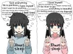  1girl aiu404l bags_under_eyes black_hair blue_eyes clothes_writing contrast double_v english_text hair_flaps jaggy_line messy_hair middle_finger multiple_views original ponytail profanity sidelocks sleepy sweater tired truth twintails v white_background 