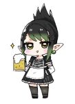  1boy alcohol bangs beer beer_mug black_dress black_footwear black_hair black_legwear blush brown_eyes commentary_request cup dress earrings elbow_gloves eyebrows_visible_through_hair foam folded_ponytail full_body gloves gradient_hair green_hair hanabatake_chaika hand_on_hip hitomiz holding holding_cup jewelry looking_at_viewer male_focus mug multicolored_hair nijisanji pointy_ears puffy_short_sleeves puffy_sleeves shoes short_sleeves sidelocks simple_background solo sparkle standing thighhighs v-shaped_eyebrows virtual_youtuber white_background white_gloves 