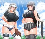  2girls arm_behind_back ball bangs baseball baseball_bat baseball_cap baseball_mitt baseball_uniform belt black_hair black_headwear black_legwear black_shirt black_shorts blue_buruma blue_sky blunt_bangs blush breasts brown_eyes brown_hair buruma buruma_under_skirt chain-link_fence closed_mouth cloud cloudy_sky cocoa_(cocoa0191) commentary_request covered_nipples curvy day emblem fence girls_und_panzer gloves hair_ribbon half-closed_eyes hand_on_hip hat holding holding_ball holding_baseball_bat huge_breasts impossible_clothes impossible_shirt kuromorimine_(emblem) light_frown long_hair looking_at_viewer mature_female micro_shorts microskirt midriff multiple_girls navel nishizumi_shiho outdoors partial_commentary pleated_skirt print_legwear ribbon shimada_chiyo shiny shiny_skin shirt short_sleeves shorts skirt sky sleeveless sleeveless_shirt smile sparkle sportswear stadium_lights standing straight_hair sunlight thighhighs visor_cap white_belt white_gloves white_headwear white_legwear white_skirt 