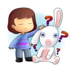  ? androgynous blue_eyes brown_hair commentary commission crossover english_commentary frisk_(undertale) nintendrawer rabbid raving_rabbids short_hair undertale 