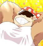  1boy ape arms_behind_head bandana donkey_kong_(series) donkey_kong_country earrings facing_viewer funky_kong furry furry_male grin jewelry large_pectorals male_focus minashirazu no_humans pectorals polka_dot_bandana single_earring smile solo sunglasses tank_top white_tank_top yellow_background 