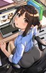  1girl artist_name ass binder blue_shirt blush brown_hair chair computer desk douki-chan_(douki-chan) enmanuelart20 eyelashes full_body ganbare_douki-chan grey_eyes high_heels highres laptop lingerie looking_at_viewer looking_back office_chair office_lady open_mouth pantyhose pencil_skirt shiny shiny_clothes shiny_hair shirt sitting skirt solo tied_hair underwear window_(computing) 