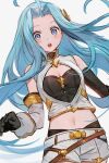 1girl :o ahoge bangs bare_shoulders black_gloves blue_eyes blue_hair blush breasts cleavage cleavage_cutout clothing_cutout commentary_request cosplay cowboy_shot crop_top detached_sleeves elbow_gloves gloves granblue_fantasy grey_background long_hair lyria_(granblue_fantasy) midriff navel open_mouth parted_bangs relic_buster_(granblue_fantasy) relic_buster_(granblue_fantasy)_(cosplay) sanditk_gbf shirt shorts simple_background single_sleeve sleeveless sleeveless_shirt small_breasts solo white_shirt white_shorts 