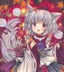  1girl :d animal_ear_fluff animal_ears bare_shoulders black_skirt bow bowtie breasts detached_sleeves eyebrows_visible_through_hair fang glowing grey_tail hat head_tilt inubashiri_momiji marker_(medium) medium_hair open_mouth pom_pom_(clothes) print_skirt red_background red_bow red_bowtie red_eyes red_headwear red_ribbon red_theme ribbon ribbon-trimmed_sleeves ribbon_trim rui_(sugar3) sample shiny shiny_hair shirt silver_hair skirt sleeveless sleeveless_shirt small_breasts smile solo tail tokin_hat touhou traditional_media white_shirt wide_sleeves wolf_ears wolf_tail 