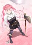  1girl ascot axe bangs belt black_dress black_footwear blue_legwear boots brown_belt buttons dated dress fire_emblem fire_emblem:_three_houses from_above garreg_mach_monastery_uniform hilda_valentine_goneril holding holding_axe holding_weapon kero_sweet knee_boots long_hair petals pink_background pink_eyes pink_hair short_dress signature sleeves_rolled_up thighhighs twintails uniform weapon 