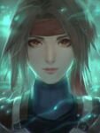  1girl armor brown_hair chaosringen closed_mouth eyelashes final_fantasy final_fantasy_vii final_fantasy_vii_remake glowing headband highres jessie_rasberry light_particles light_smile looking_at_viewer portrait short_hair smile solo straight-on turtleneck yellow_eyes 