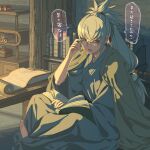  1boy adjusting_eyewear bangs barefoot bespectacled book bookshelf desk drawer ears fire_emblem fire_emblem_fates glasses grey_hair hair_between_eyes hair_ribbon harusame_(rueken) high_ponytail indian_style indoors japanese_clothes kimono long_hair looking_at_viewer low-tied_long_hair male_focus on_floor open_book open_mouth orange_eyes ponytail reading red_ribbon ribbon scroll semi-rimless_eyewear shelf sidelighting sidelocks sitting solo speech_bubble sweatdrop takumi_(fire_emblem) talking tatami tied_hair translation_request 