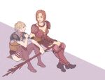  2girls armor boots bw2gold dragon_age dragon_age:_origins elf facial_tattoo grey_warden leliana_(dragon_age) multiple_girls orange_hair pointy_ears shoulder_armor staff tattoo thighhighs 