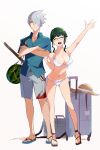  1boy 1girl :d absurdres anosillus_ii anti_(ssss.gridman) bikini blue_eyes blue_shirt bokken breasts cleavage closed_mouth collarbone commentary_request crossed_arms dark_green_hair earrings fang food fruit glasses grey_shorts gridman_universe hair_over_one_eye hat hat_removed headwear_removed heart heart_earrings highres jewelry large_breasts looking_at_viewer sakamoto_(ojiojiojisanda) sandals shirt short_hair shorts side-tie_bikini sidelocks silver_hair smile spiked_hair ssss.dynazenon string_bikini suitcase sun_hat swimsuit sword watermelon waving weapon white_background white_bikini wooden_sword 