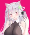  1girl absurdres animal_ears arm_up bangs bare_shoulders blush breasts cat_ears cellphone character_request commentary_request earrings eyebrows_visible_through_hair grey_hair hair_ornament hairclip highres holding holding_phone huge_breasts jewelry jyt long_hair looking_at_viewer multicolored_hair open_mouth phone red_background red_eyes red_hair sideboob simple_background smartphone solo streaked_hair two-tone_hair upper_body virtual_youtuber 