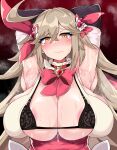  1girl absurdres ahoge areola_slip areolae armpits arms_behind_head arms_up breasts cleavage elbow_gloves faucre_the_evil_overlord gloves hair_between_eyes hair_ornament hair_ribbon hattimitsu_(hatelimitu) highres huge_breasts last_origin long_hair micro_bra ribbon solo sweat tearing_up very_long_hair yellow_eyes 