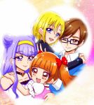  2boys 2girls ;) aisaki_emiru aisaki_masato blonde_hair blue_eyes bow brown_hair couple glasses hair_bow hairband highres hug hugtto!_precure multiple_boys multiple_girls one_eye_closed orange_hair precure purple_hair rectangular_eyewear red_bow reira_(reomimi0211) ruru_amour smile twintails wakamiya_henri yaoi yuri 