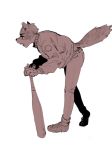  2018 ambiguous_gender anthro baseball_bat black_nose canine clothed clothing eyebrows eyelashes fangs fluffy fluffy_tail footwear holding_object jacket jeans mammal open_mouth pants rtr shoes simple_background solo sport standing teeth wolf 