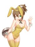  1girl animal_ears brown_hair bunny_ears bunny_girl bunny_tail bunnysuit detached_collar esaka fake_animal_ears green_eyes jewelry leotard long_hair necklace octopath_traveler one_eye_closed short_hair simple_background smile strapless strapless_leotard tail tressa_(octopath_traveler) wrist_cuffs 