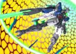  00_qan[t] blade blue_eyes energy_rings from_below funnels gundam gundam_00 gundam_00_a_wakening_of_the_trailblazer mecha mobile_suit no_humans photo_background robographer science_fiction solo sword v-fin weapon 