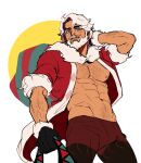  10tnt_(dextnt711) 1boy abs absurdres bangs bara bare_pectorals beard blue_eyes bulge chest_hair cookie_run eggnog_cookie facial_hair feet_out_of_frame fur-trimmed_jacket fur_trim gift_bag highres jacket looking_at_viewer male_focus mature_male muscular muscular_male mustache navel navel_hair nipple_slip nipples old old_man open_clothes open_jacket pants pectorals red_pants santa_costume short_hair sleeves_rolled_up solo stomach thick_eyebrows thick_thighs thighs unfinished white_hair wrinkled_skin 