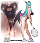  1girl absurdres ass ass_visible_through_thighs bat_wings breasts character_name demon_girl from_below full_body green_hair head_wings highres hu_dako large_breasts legs lips long_hair looking_at_viewer mole mole_on_ass morrigan_aensland patreon_username racket shoes simple_background smile solo standing sweat tennis_racket thighs vampire_(game) white_background white_footwear wings yellow_eyes 