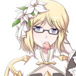  1girl arch_bishop_(ragnarok_online) bangs black-framed_eyewear black_dress blonde_hair cleavage_cutout closed_mouth clothing_cutout commentary_request cross dress eyebrows_visible_through_hair flower glasses hair_flower hair_ornament hand_in_hair heart heart_in_mouth juliet_sleeves long_sleeves looking_at_viewer mouth_hold natsuya_(kuttuki) puffy_sleeves purple_eyes ragnarok_online rectangular_eyewear semi-rimless_eyewear short_hair simple_background smile solo two-tone_dress under-rim_eyewear upper_body white_background white_dress white_flower 