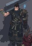  1boy alternate_costume alternate_hairstyle armor berserk character_request creature decapitation extra_faces feet_out_of_frame frown guillem_dauden guts_(berserk) highres japanese_armor looking_at_viewer male_focus muscular over_shoulder ponytail samurai scar scar_on_face scar_on_nose solo_focus sword sword_over_shoulder thick_eyebrows tied_hair toned toned_male weapon weapon_over_shoulder 