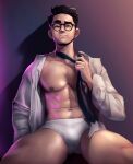  1boy abs bara bare_pectorals black_hair briefs chest_hair closed_mouth glasses highres large_pectorals looking_at_viewer male_focus male_underwear muscular muscular_male navel necktie nerdyart1 nipples open_clothes open_shirt original pectorals shadow shirt short_hair simple_background sitting smile solo thick_eyebrows thick_thighs thighs underwear undone_necktie white_male_underwear white_shirt 