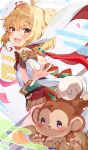  1girl :d andira_(granblue_fantasy) animal antenna_hair bangs bare_shoulders blonde_hair blush brown_eyes commentary_request detached_sleeves egasumi eyebrows_visible_through_hair fur-trimmed_sleeves fur_trim granblue_fantasy hair_between_eyes highres leotard long_sleeves looking_at_viewer looking_to_the_side monkey petals pilokey short_hair smile solo two_side_up white_leotard white_sleeves wide_sleeves 