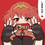  1girl bangs breasts cable chest_jewel controller famicom_cartridge fingerless_gloves gloves large_breasts ma2acworks pyra_(xenoblade) red_background red_eyes red_hair short_hair simple_background solo swept_bangs xenoblade_chronicles_(series) xenoblade_chronicles_2 
