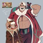  2boys abs absurdres antlers bangs bara beard blue_eyes blush character_request cookie_run eggnog_cookie facial_hair feet_out_of_frame gift_bag height_difference highres jar_(jar_ans) korean_commentary large_pectorals looking_at_viewer male_focus mature_male multiple_boys muscular muscular_male mustache navel nipples pectoral_cleavage pectorals reference_inset reindeer_antlers santa_costume short_hair stomach thick_eyebrows underpec white_hair 