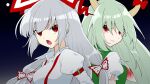  2girls back-to-back bangs black_background bow commentary_request dress ex-keine fujiwara_no_mokou full_moon futoumeido green_dress green_hair grey_hair hair_bow horn_bow horn_ornament horns juliet_sleeves kamishirasawa_keine long_hair long_sleeves looking_at_viewer moon multiple_girls open_mouth puffy_sleeves red_bow red_eyes shirt short_sleeves touhou upper_body white_shirt 