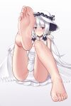  arched_soles azur_lane barefoot blue_eyes breasts dress feet flower foot_focus foot_up gloves greek_toe hair_flower hair_ornament highres illustrious_(azur_lane) large_breasts no_shoes oirin panties silver_hair smiley_face soles toenails toes underwear white_dress white_gloves white_headwear white_panties 