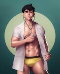  1boy abs bara black_hair briefs bulge collared_shirt doctor dr.shin_nerdyart highres holding_stethoscope large_pectorals looking_at_viewer male_focus male_underwear mercury_thermometer mouth_hold muscular muscular_male navel nerdyart1 nipples open_clothes open_shirt original pectorals shirt short_hair solo stethoscope thermometer thick_eyebrows thick_thighs thighs underwear white_shirt yellow_male_underwear 
