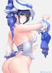  1girl animal_ears arm_up artist_name ass azur_lane back backless_outfit bangs bare_shoulders black_hair blue_bow blue_hair blush bow breasts bustier cat_ears cheshire_(azur_lane) cheshire_(the_cat_and_the_white_steed)_(azur_lane) chinese_commentary choker closed_mouth commentary_request cowboy_shot detached_sleeves eyebrows_behind_hair hair_bow highres large_breasts long_sleeves looking_at_viewer looking_back multicolored_hair panties purple_eyes short_hair short_sleeves showerz sideboob simple_background smile solo streaked_hair thong two-tone_hair underwear underwear_only white_background white_bow white_choker white_headwear white_panties 