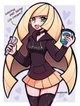  1girl alternate_costume blonde_hair food green_eyes hair_over_one_eye highres ice_cream long_hair lusamine_(pokemon) miniskirt pokemon signature skirt solo touyarokii very_long_hair 