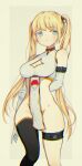  1girl bare_shoulders blonde_hair blurry breasts commentary_request covered_navel elbow_gloves eyebrows_visible_through_hair feet_out_of_frame gloves highres kotomeiro large_breasts naruko_(naruto) naruto naruto_(series) no_panties single_thighhigh sleeveless solo thigh_strap thighhighs twintails uchiha_symbol 