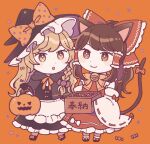  2girls :o animal_ears ankle_socks apron bangs bare_shoulders basket bell black_capelet black_dress black_footwear black_gloves black_headwear blonde_hair blush_stickers bow bowtie box braid bright_pupils brown_eyes brown_hair candy candy_hair_ornament capelet cat_ears cat_girl cat_tail chibi closed_mouth detached_sleeves diagonal-striped_bow diagonal_stripes donation_box dot_nose dress food food-themed_hair_ornament footwear_bow frilled_apron frilled_bow frilled_hair_tubes frilled_shirt_collar frills full_body gloves hair_ornament hair_over_shoulder hair_tubes hakurei_reimu halloween halloween_bucket halloween_costume hand_up hat hat_bow high_ponytail holding holding_basket holding_box jack-o&#039;-lantern jingle_bell kemonomimi_mode kirisame_marisa large_bow long_hair long_sleeves looking_at_viewer looking_to_the_side mozukuzu_(manukedori) multiple_girls neck_bell neck_ribbon nontraditional_miko orange_background orange_bow orange_bowtie orange_ribbon parted_lips petticoat pleated_skirt ponytail print_bow purple_bow red_bow red_ribbon red_skirt red_vest ribbon ribbon-trimmed_sleeves ribbon_trim side_braid sidelocks simple_background single_braid skirt skirt_set sleeve_bow smile socks standing star_(symbol) star_in_eye star_print starry_background striped striped_bow swept_bangs symbol-only_commentary symbol_in_eye tail tail_bow tail_ornament tail_raised touhou two-sided_fabric two-sided_headwear vest waist_apron walking wavy_hair white_apron white_bow white_legwear white_pupils white_sleeves wide_sleeves witch_hat yellow_eyes 